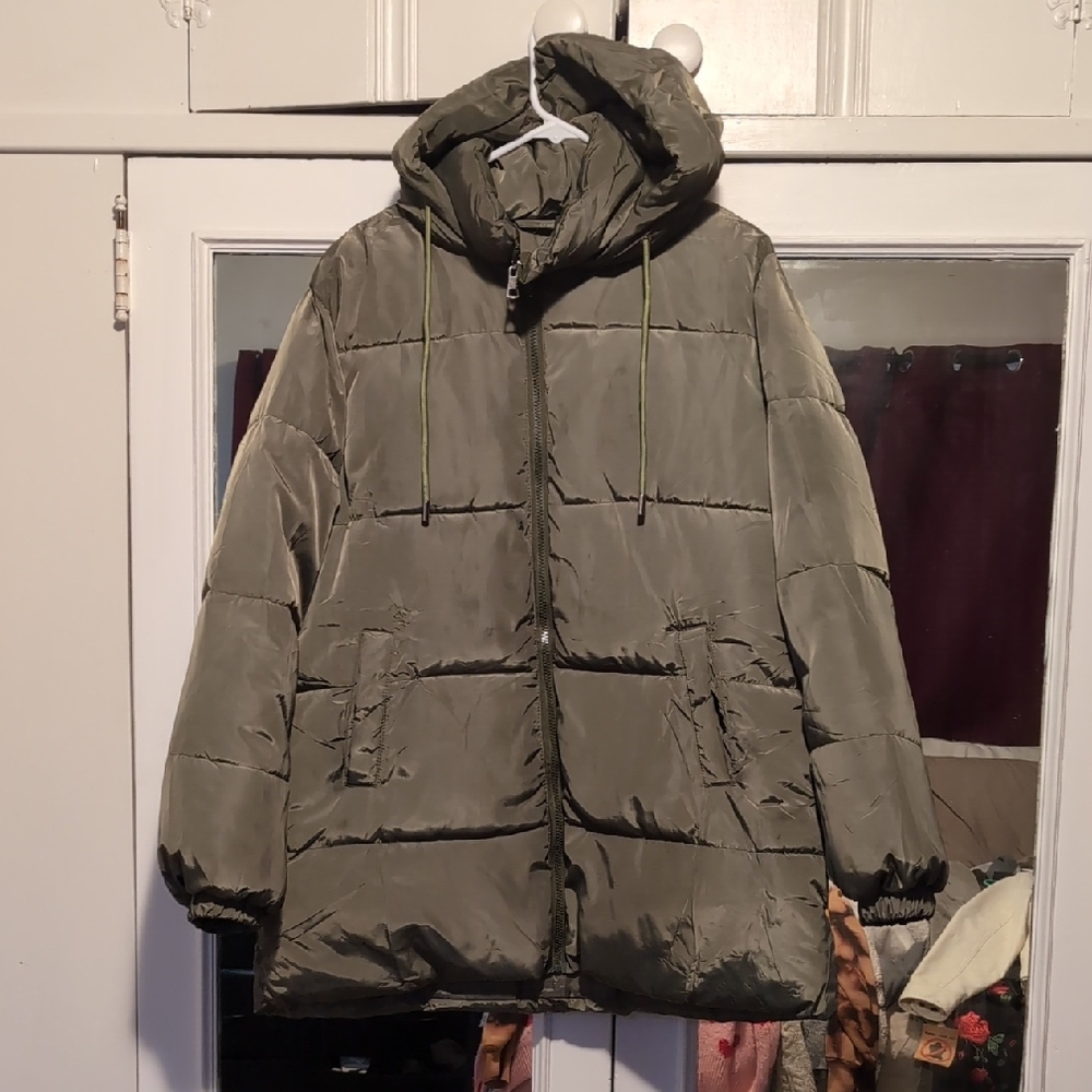 Olive Green Puffer Jacket with Hood